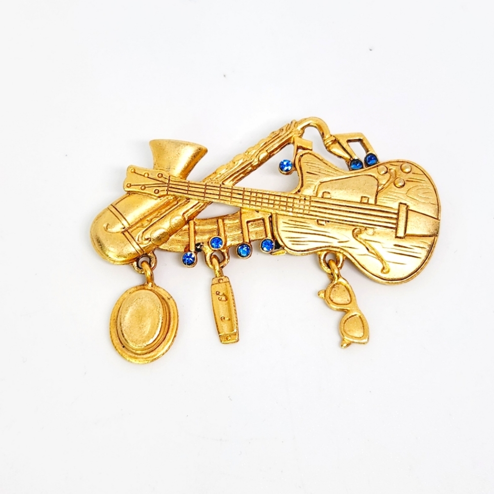 Danecraft Brooch Pin Musical Instruments Rhinestone Guitar Saxophone Gold Tone